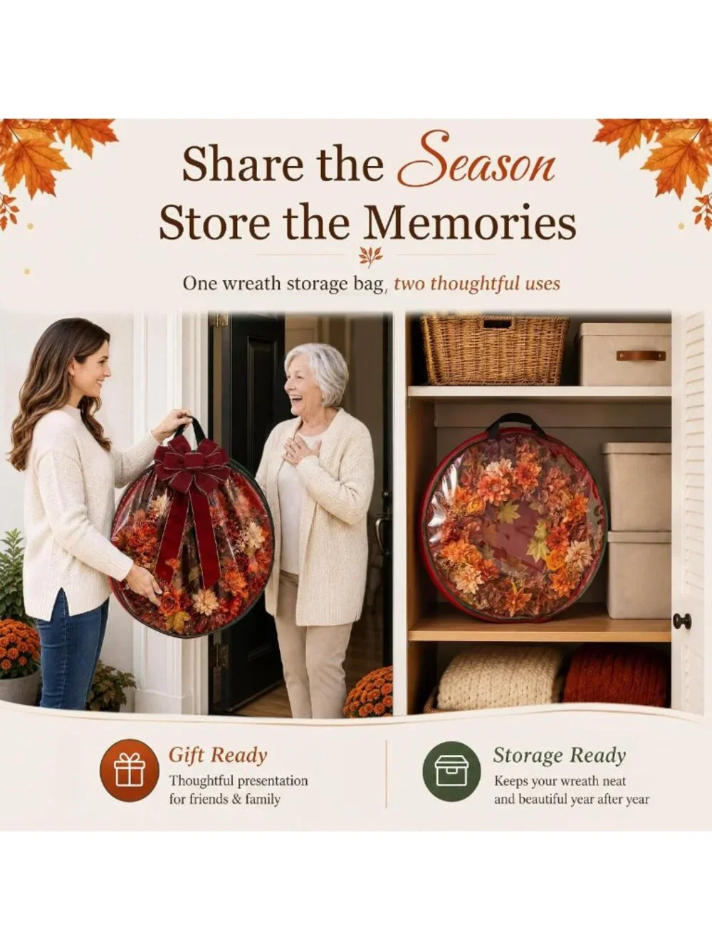 24-Inch Autumn Flower Wreath for Front Door - Fall Decor, Seasonal Home Accent